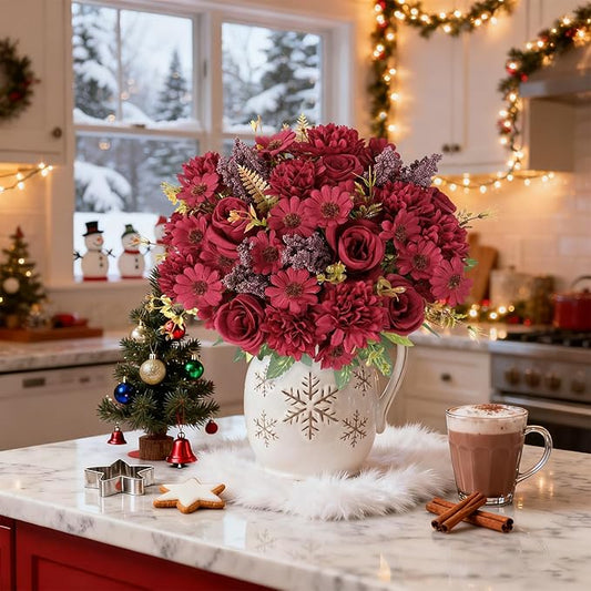 Dremisland Artificial Christmas Flowers 2 Bundles Fake Roses Silk Like Real Artificial Bouquets with Daisy Chrysanthemum Faux Flowers Arrangements for Christmas Centerpiece Table Home Decor