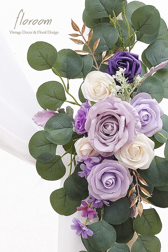 Floroom Arch Flowers with Drapes Kit (Pack of 4) - 2pcs Artificial Lilac Lavender Purple Floral Swag Arrangement with 2pcs Draping Fabric for Wedding Ceremony Arbor and Reception Backdrop Decoration