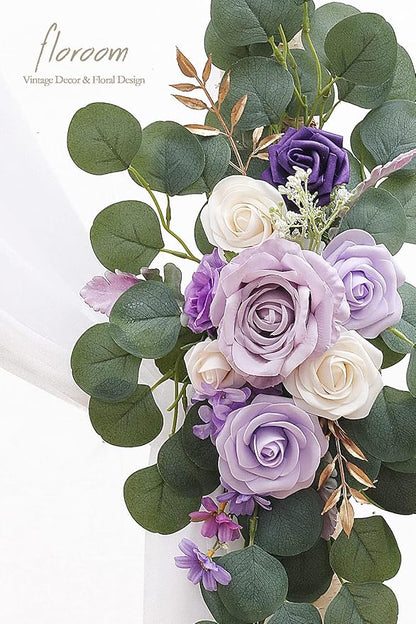 Floroom Arch Flowers with Drapes Kit (Pack of 4) - 2pcs Artificial Lilac Lavender Purple Floral Swag Arrangement with 2pcs Draping Fabric for Wedding Ceremony Arbor and Reception Backdrop Decoration
