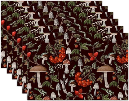 Mushrooms Berries and Plants Placemats Set of 6 Washable Table Mats for Kitchen Dining Table,Heat-Resistant Botanical Place Mats for Indoor Outdoor Party Holiday Decoration