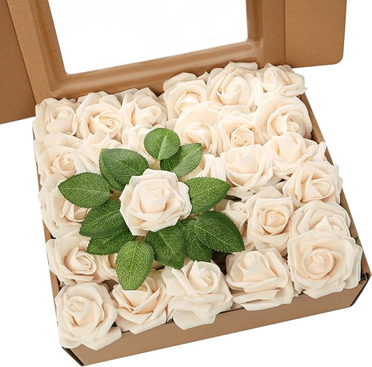 60Pcs Artificial Rose Flowers, Real Looking Fake Roses for Decorations, Foam Rose Bulk with Stems for DIY Wedding Bouquets Floral Arrangements Bridal Shower Party Home Decor (60, Champagne)