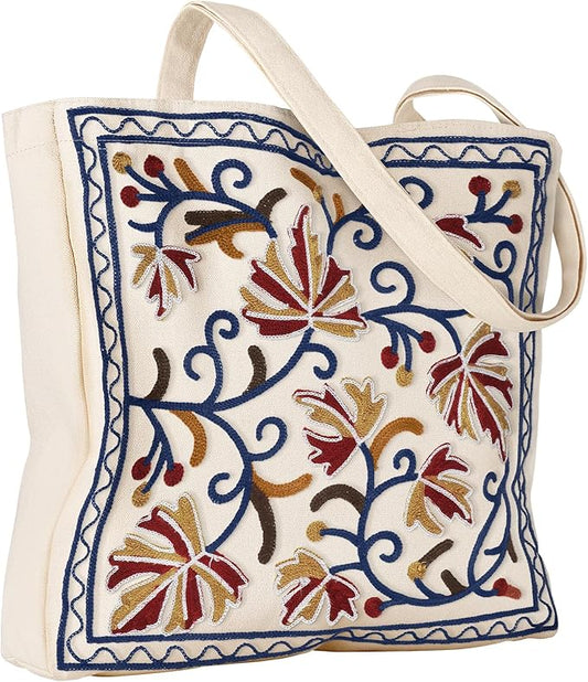 Aesthetic Embroidery Tote Bag for Women - Reusable Canvas Cute Shoulder Bag for Shopping, Grocery, Work, Book