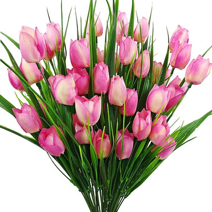 8 Bundles Outdoor Artificial Tulips Fake Flowers UV Resistant Faux Plastic Greenery Shrubs Plants for Home Outside Garden Porch Window Farmhouse Decor (Light Pink)