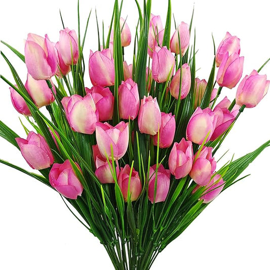 8 Bundles Outdoor Artificial Tulips Fake Flowers UV Resistant Faux Plastic Greenery Shrubs Plants for Home Outside Garden Porch Window Farmhouse Decor (Light Pink)