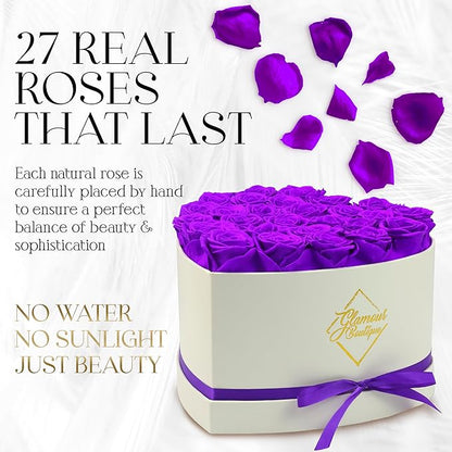 GLAMOUR BOUTIQUE Preserved Roses in a Box - Gifts for Her, Wife & Mom, Rose Flowers Forever Decor for Birthday Gift, Get Well Flower Bouquet Cased in White Box with Cover - Purple - 27-Piece
