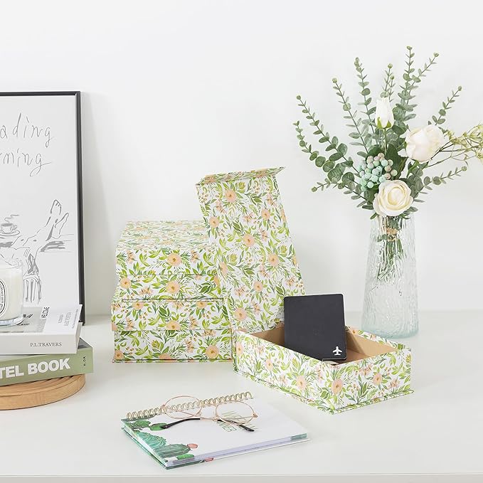 Soul & Lane Decorative Cardboard Storage Boxes, Set of 3 Floral Pattern Keepsake Boxes with Magnetic Closure, Nesting Memory Storage for Organizing and Home Décor, Garden Rose