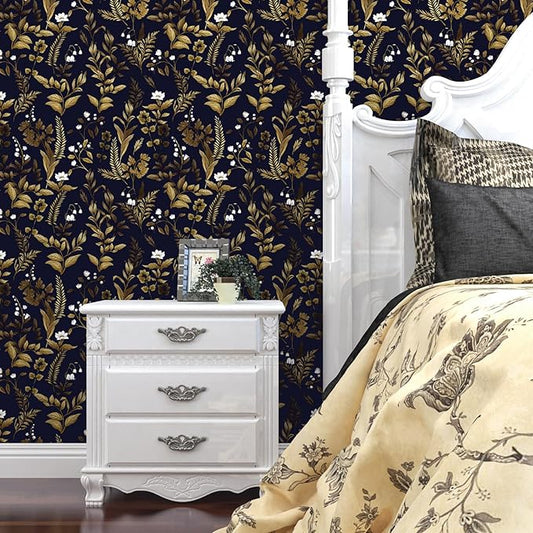 Extra Long Dark Navy Vintage Floral Wallpaper 17.5In x 393In Boho Peelable Contact Paper Botanical Wall Paper Waterproof Stick on Backsplash Bedroom Cabinet Drawer Deep Blue Yellow Gold