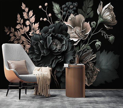 Eierme-Black Background with Flowers and Leaves Mural Wallpaper Peel and Stick 90" x 67"
