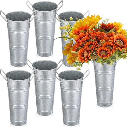 Chumia 6 Pcs Buckets Bulk Cut Flower Bar Supplies Christmas Centerpiece Wedding Galvanized Vase Metal Bloom Bridal Bouquet Pail with Handle French Farmhouse Rustic Floral Arrangement(Silver,9 Inch)