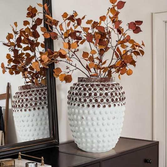 LuxenHome Ceramic Flower Vase,Rustic Decorative Vase for Home Decor,Vintage White and Brown Beaded 12-Inch Tall Urn Vase Shelf Decor Room Decor Entry Way Table Home Decor