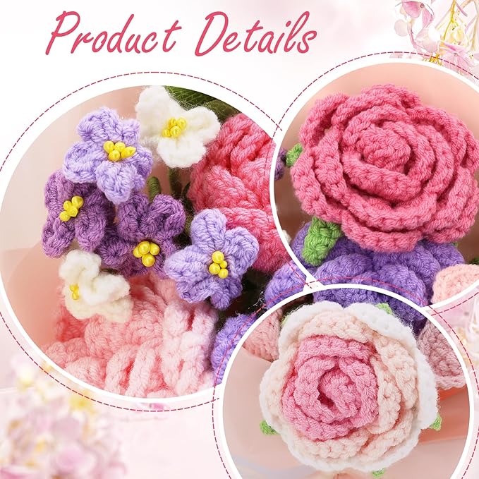 Crochet Flowers,Finished Bouquet Crocheted Cotton Thread Flowers, Handmade Crochet Rose Tulip Fern Leaf as a Gift for Lover, Friends. Artificial Flower (Light Pink)