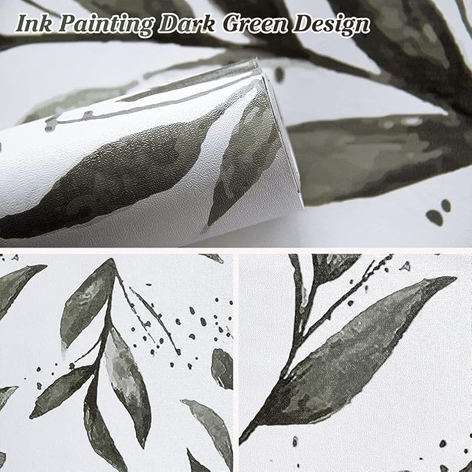 Erfoni Dark Green Leaf Wallpaper Peel and Stick Wallpaper Floral 17.7inch x 78.7inch Greenery Eucalyptus Contact Paper Peel and Stick Leaves Plant Self Adhesive Wall Paper Bathroom Vinyl