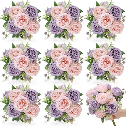 8 Pack Pink, Purple Peonies Artificial Flowers, Fake Silk Hydrangea Bouquet for Bridal Wedding Home Table Decor Reusable Dining Opening Ceremony Birthday Arrangement Faux Floral
