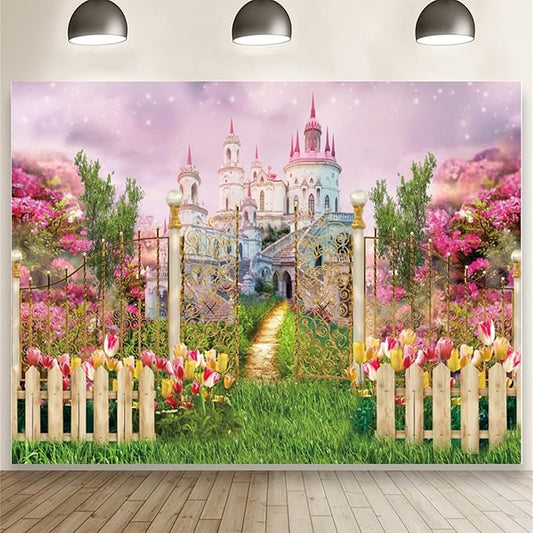 7x5ft Fantasy Castle Wonderland Backdrop Flower Garden Sweet Princess Birthday Party Photography Backdrop Girls Portrait Banner Baby Shower Kids Birthday Party Decorations
