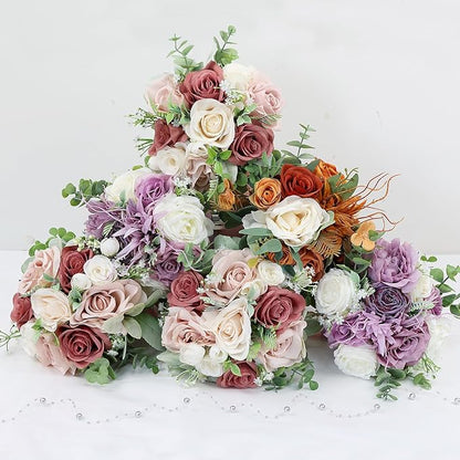 Set of 2 Bridesmaid Bouquets for Wedding - 7 Inch Artificial Flowers Bouquets for Ceremony Anniversary Centerpieces Decorations - Pink and White