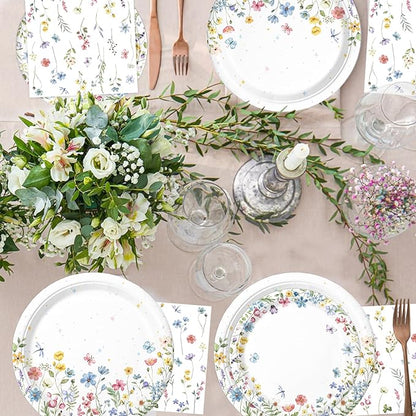 168PCS Wildflower Party Decorations Spring Floral Baby Shower Birthday Decorations Include Plates, Cups, Napkins, Cutlery for Wildflower Baby Shower Tea Decorations, Serve 24