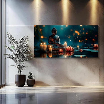 Iallbin Buddha Wall Art & Zen Wall Decor, White Lotus on Water Canvas Painting - for Yoga Meditation Room, Spa & Bathroom, Blue Art Deco Style, 48x24 Inches