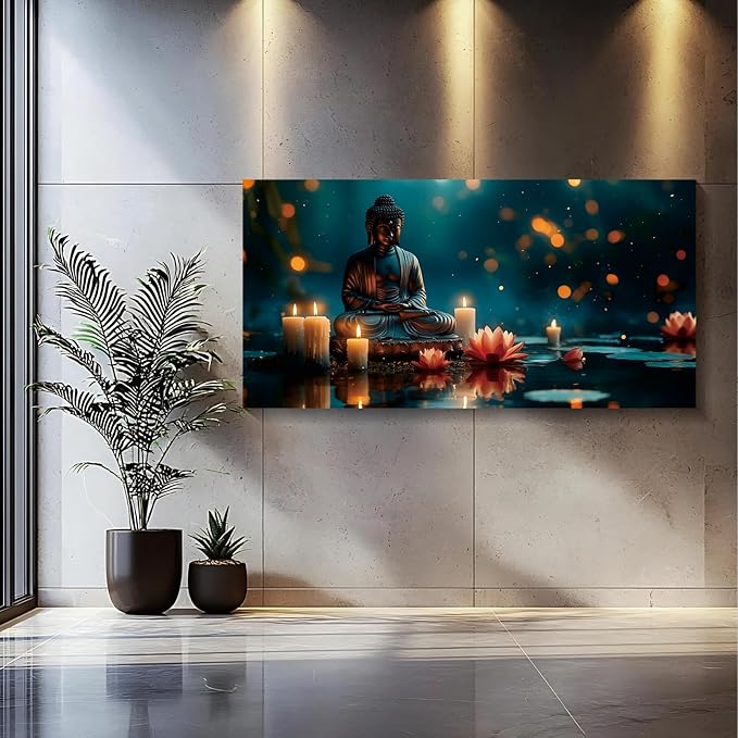 Iallbin Buddha Wall Art & Zen Wall Decor, White Lotus on Water Canvas Painting - for Yoga Meditation Room, Spa & Bathroom, Blue Art Deco Style, 58x29 Inches