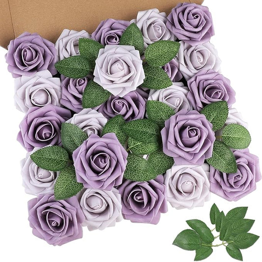 AmyHomie 25pcs Real Looking Artificial Pale Lavender Roses w/Stem for DIY Wedding Bouquets Centerpieces Arrangements Party Baby Shower Valentines Day Christmas Tree Decorations