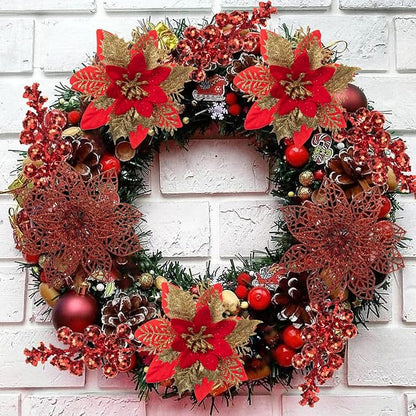 24Pcs Christmas Poinsettia Artificial Flowers and Glitter Berries Kit, 2 Styles Total 16Pcs Christmas Tree Flowers Ornaments, 8Pcs Christmas Tree Picks for Wedding Holiday Decorations, Red Gold