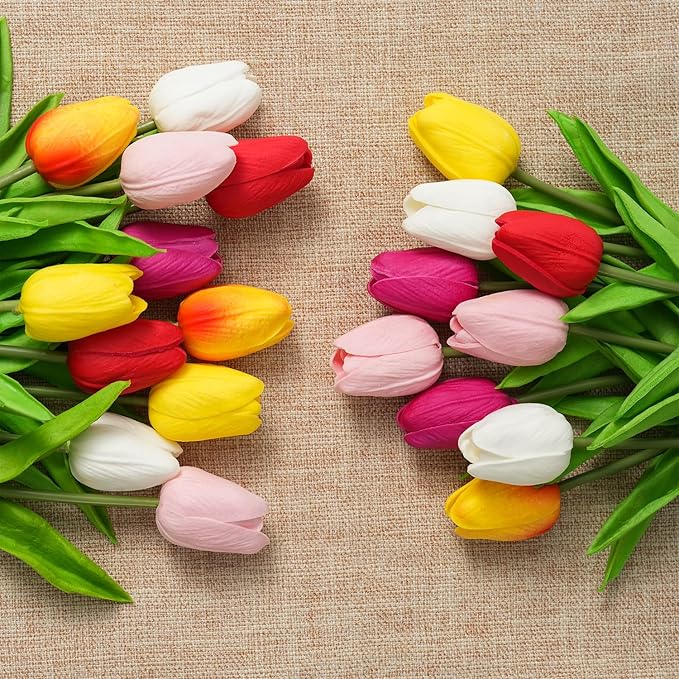 Real Touch Artificial Tulips, 20pcs Fake Tulip Flower Stem, PU Faux Tulip 13.5” for Mother's Day Easter Valentine's Gift, Home Decor, Wedding, Table Centerpiece, Floral Arrangement, Multicolor
