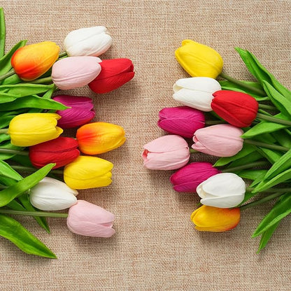 Real Touch Artificial Tulips, 20pcs Fake Tulip Flower Stem, PU Faux Tulip 13.5” for Mother's Day Easter Valentine's Gift, Home Decor, Wedding, Table Centerpiece, Floral Arrangement, Multicolor