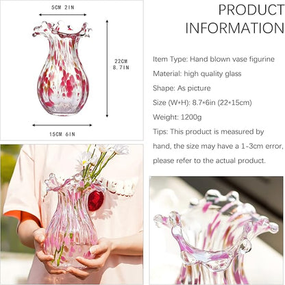QFkris Handblown Glass Vase, Modern Art Flower Vase with Pink Petal Decorative for Home Decor, 8.5 inch Tall for Living Room Dining Tabletop Centerpiece Statement Office Decoration