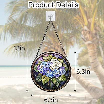 Stained Glass Window Hanging, Hydrangea Flowers Sun Catchers Diamond Glass Panel Hangings Plant Suncatcher Decor for Birthday for Women, Men, Wife, Aunt, and Mom 6.3 in
