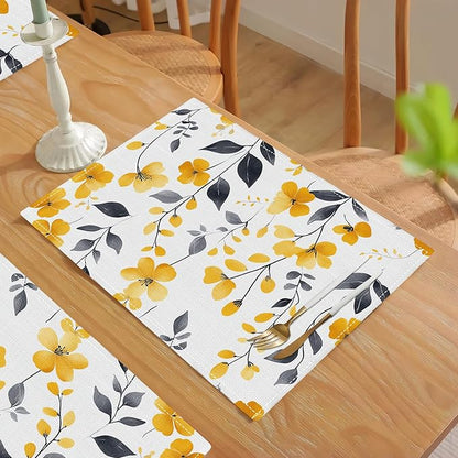Farmhouse Yellow Flowers Placemats Set of 4, Rustic Floral Place Mats, Country Dining Table Mats, Washable Spring Placemats for Kitchen Dining Room Home Decor 18L'' × 12W''