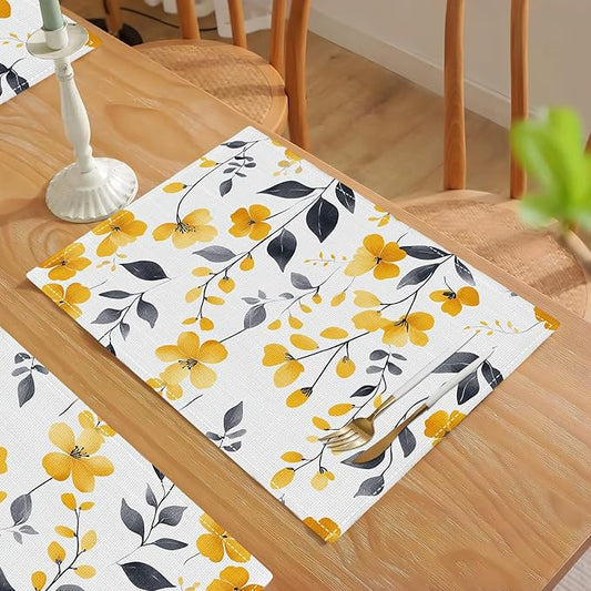 Farmhouse Yellow Flowers Placemats Set of 4, Rustic Floral Place Mats, Country Dining Table Mats, Washable Spring Placemats for Kitchen Dining Room Home Decor 18L'' × 12W''