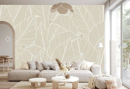 Tropical Palm Leaf Beige Wallpaper Peel and Stick Botanical Leaf Pattern Art Self Adhesive Wall Mural for Living Room Bedroom 137"x100"