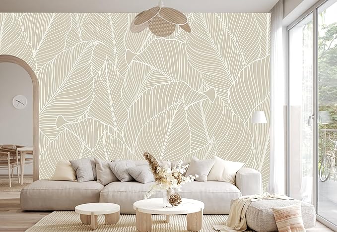 Tropical Palm Leaf Beige Wallpaper Peel and Stick Botanical Leaf Pattern Art Self Adhesive Wall Mural for Living Room Bedroom 82"x57"