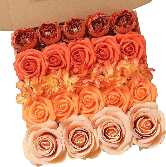 Orange Artificial Flowers Box Set Gradient Color Foam and Silk Fake Flowers with Stems for DIY Wedding Bridesmaid Bridal Bouquets Centerpieces Party Fall Home Decoration