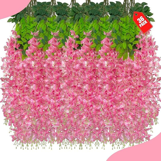 36 Pack Dark Pink Wisteria Hanging Flowers, 3.44 Ft Fake Hanging Flowers, Artificial Wisteria Garland Vines for Wedding Room Backdrop Outdoor Patio Garden Decoration