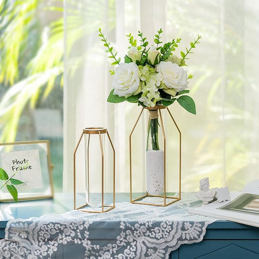 Sziqiqi Metal Flower Vase Table Decor - Gold Frame Vase with Glass Test Tubes 8"/10" Modern Bud Vase for Coffee Table Living Room Abstract Geometric Art Vase for Rose Hydroponic Plant Pampas