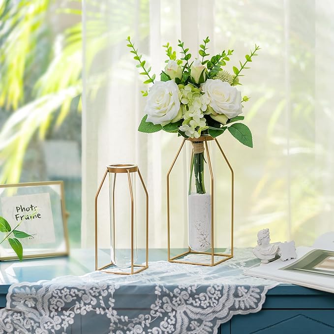 Sziqiqi Glass Propagation Station with Metal Frame - Gold Modern Geometric Square Vase for Plants, Room Decor, Office, Wedding