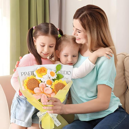 Crochet Flower Bouquet, Crochet Flowers for Graduation Gift, Handmade Sunflowers Tulips Roses 7Pcs, Wedding Bouquet, Home Decor, Anniversary, Birthday Gift for Women Wife Lover Friends (Sunflower)