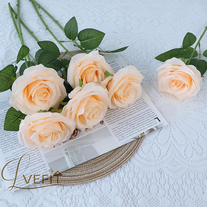 12pcs Artificial Rose Flower Champagne Flower with Long Stem Silk Roses Bouquet for Wedding Bridal Shower Party Home Decoration