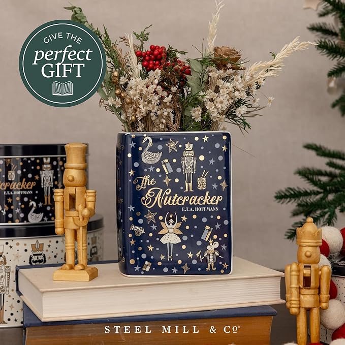 Steel Mill & Co Original Small Book-Shaped Decorative Vase, Ceramic Vases for Festive Home Decor, Cute Christmas Bookshelf Decor, Unique Vase for Book Lovers, Nutcracker
