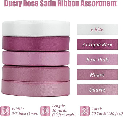 Dusty Rose Ribbon 3/8 Inch Thin Dusty Pink Satin Ribbon 5 Rolls Assortment Rose Pink Ribbon for Wedding Mauve Ribbon for Gift Wrapping Baby Shower Invitation Card Crafts - 50Yards