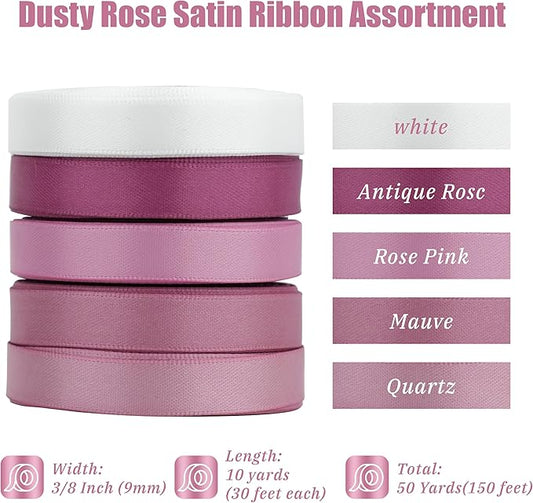 Dusty Rose Ribbon 3/8 Inch Thin Dusty Pink Satin Ribbon 5 Rolls Assortment Rose Pink Ribbon for Wedding Mauve Ribbon for Gift Wrapping Baby Shower Invitation Card Crafts - 50Yards