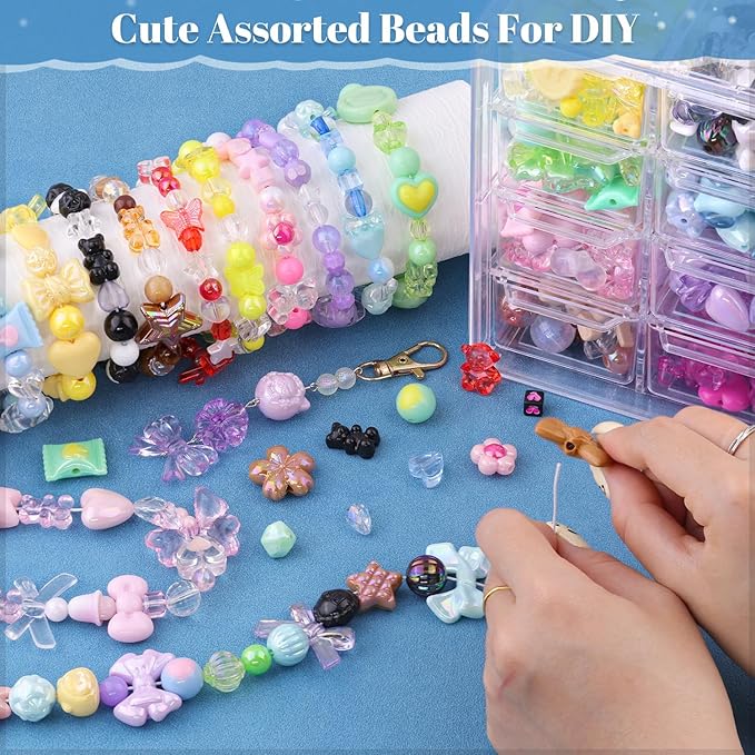 Assorted Acrylic Beads, 500-550PCS 8 Colors Mixed Cute Beads for Bracelet Making, GummyBear Bow Flower Kawaii Charms for Jewelry Making DIY Necklace Keychain Phone Charm Christmas Gift