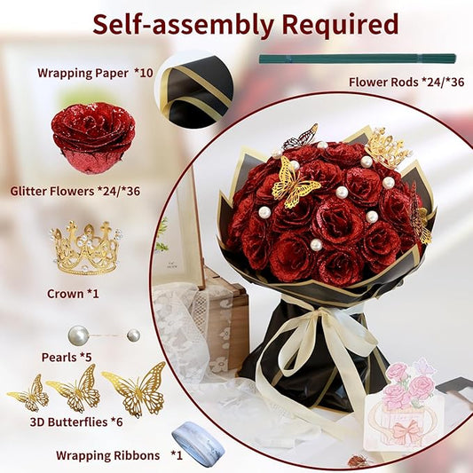 Glitter Roses Bouquet, Shiny Artificial Roses Flowers with Stems DIY Fake Glitter Flowers Bouquet for Valentine's Day, Anniversary, Graduation, Birthday, 36 Roses (Red)