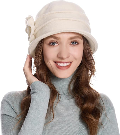 ZLYC Women Wool Cloche Bucket Hat 1920s Vintage Dress Winter Hats with Flower Accent