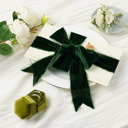 MAYREEL 2 Inch Green Velvet Ribbon Hand Torn Forest Green Silk Frayed Edge for Christmas Gift Wrapping Bridal Bouquets Invitations Wedding Vow Books Gift Baskets 3 Yards