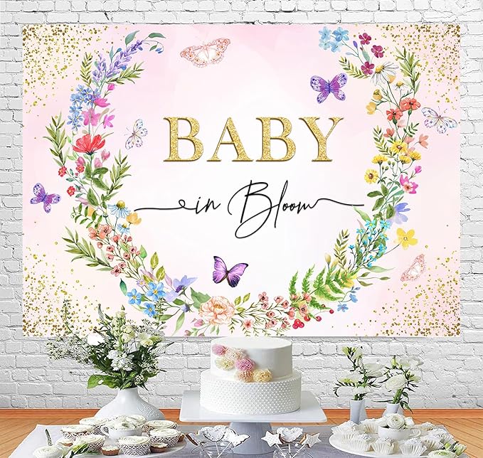 Sensfun Baby in Bloom Backdrop Banner Girls Wildflower Baby Shower Decorations,Pink Floral Butterfly Gold Glitter Photography Background for Wildflowe Baby Shower Newborn Party Photo Booth Props 5x3ft