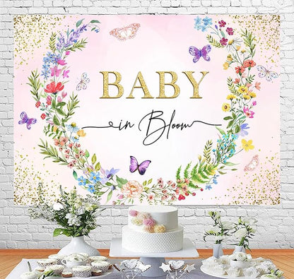 Sensfun Wild Flower Baby in Bloom Baby Shower Backdrop Banner Party Decorations,Pink Floral Butterfly Backdrops for Girls Wildflowe Baby Shower Newborn Photography Background Photo Booth Props 7x5ft
