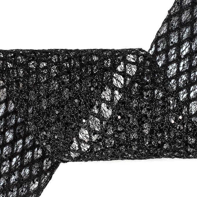 VATIN 6" Black Christmas Ribbon, Black Glitter Mesh Diamond Web Sequin Dots Wired Christmas Ribbon for Gift Wrapping Bow Making Wreath Supply-10 Yards