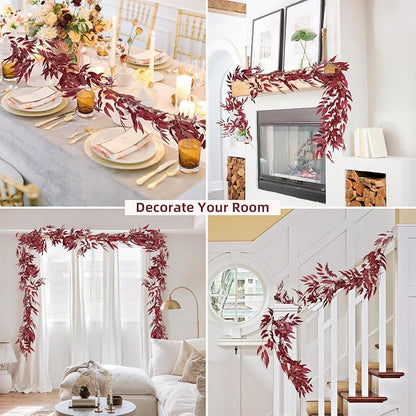 RECUTMS Artificial Hanging Willow Leaves Vine Twigs 2Pcs 5.7Ft Fake Silk Burgundy Leaf Ivy Fall Garland Faux Greenery Indoor Outdoor Valentines Day Wedding Birthday Christmas Thanksgiving Party Decor