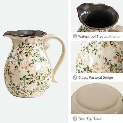 Green and Beige Vintage Vase with Handle,Retro Chinoiserie Vase,Farmhouse Antique Decorative Ceramic Vases for Home Decor,Living Room, Bookshelf, Office, Grand Millennial Decor(H8.05 Inch)